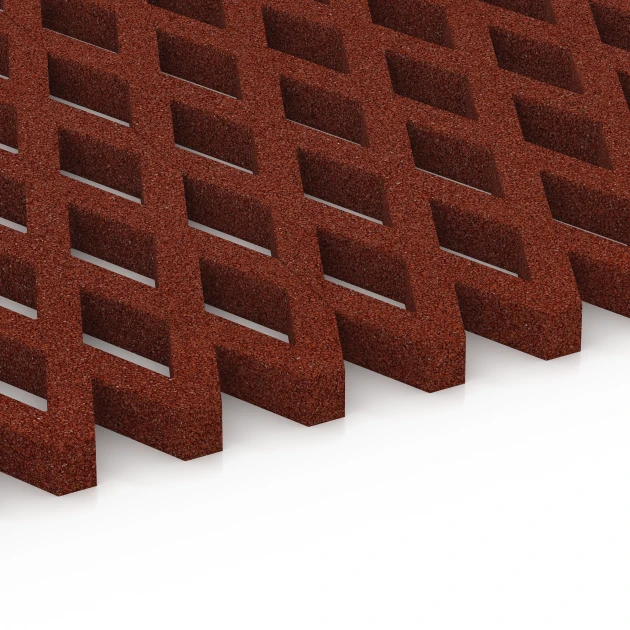Großaufnahme vom Verbindungssystem von WARCO-Boden 7010 - Varnostna travna rešetka im Farbdesign Opečno rdeča. Abmessungen 100 x 100 x 4 cm.