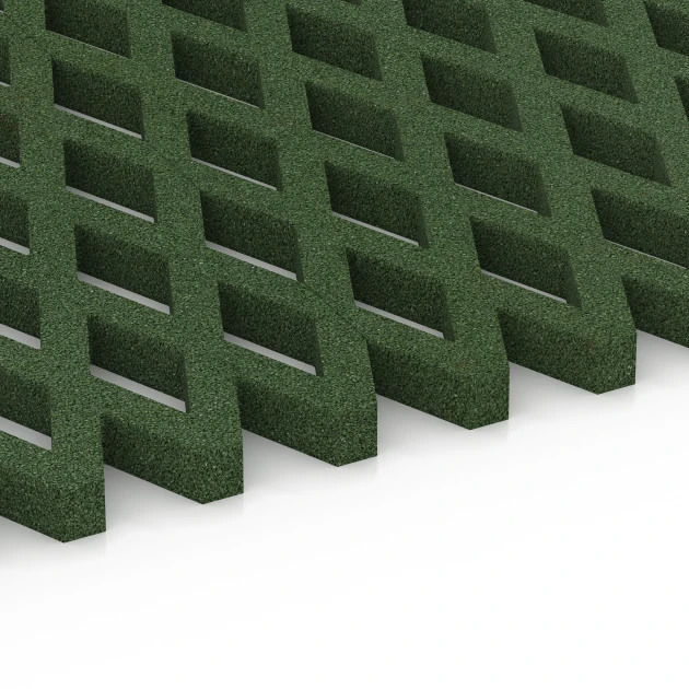 Großaufnahme vom Verbindungssystem von WARCO-Boden 7011 - Varnostna travna rešetka im Farbdesign Travnato zelena. Abmessungen 100 x 100 x 4 cm.