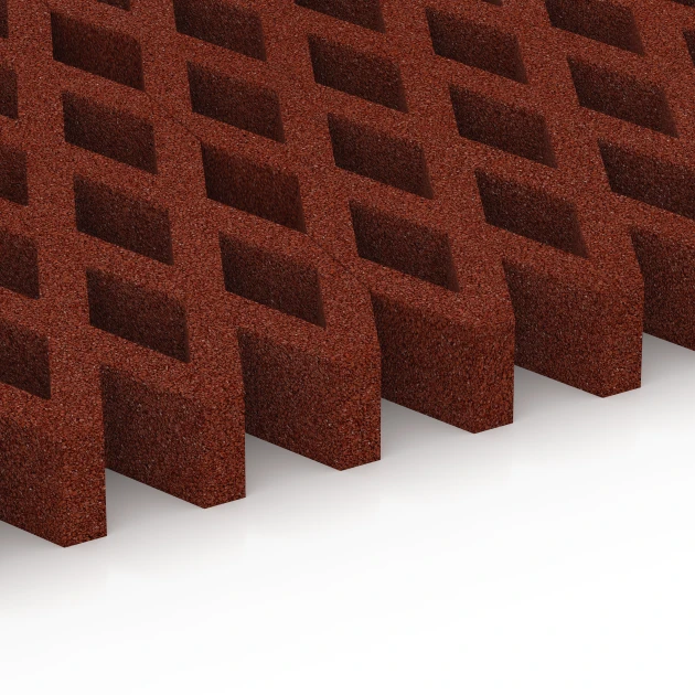 Großaufnahme vom Verbindungssystem von WARCO-Boden 7013 - Varnostna travna rešetka im Farbdesign Opečno rdeča. Abmessungen 100 × 100 × 8 cm.