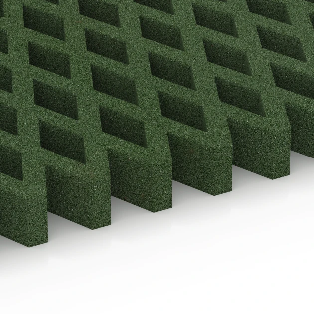 Großaufnahme vom Verbindungssystem von WARCO-Boden 7014 - Varnostna travna rešetka im Farbdesign Travnato zelena. Abmessungen 100 × 100 × 8 cm.