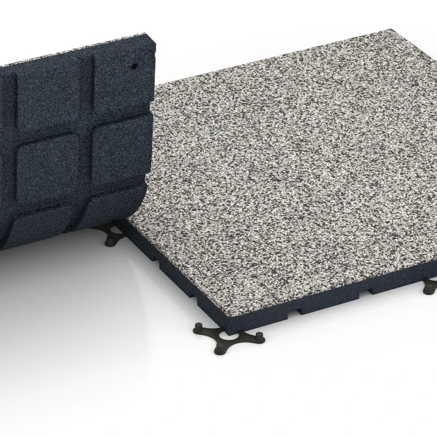 Großaufnahme vom Verbindungssystem von WARCO-Boden 7133 - Gumijasta podloga za zunanji fitnes im Farbdesign Sivi granit. Abmessungen 60 x 60 x 3 cm | 0,36 m².