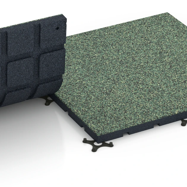 Großaufnahme vom Verbindungssystem von WARCO-Boden 7134 - Gumijasta podloga za zunanji fitnes im Farbdesign Angleška trata. Abmessungen 60 x 60 x 3 cm | 0,36 m².
