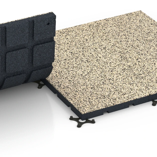 Großaufnahme vom Verbindungssystem von WARCO-Boden 7138 - Gumijasta podloga za zunanji fitnes im Farbdesign Travertin. Abmessungen 60 x 60 x 3 cm | 0,36 m².