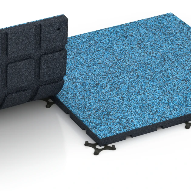 Großaufnahme vom Verbindungssystem von WARCO-Boden 7139 - Gumijasta podloga za zunanji fitnes im Farbdesign Atlantik. Abmessungen 60 x 60 x 3 cm | 0,36 m².