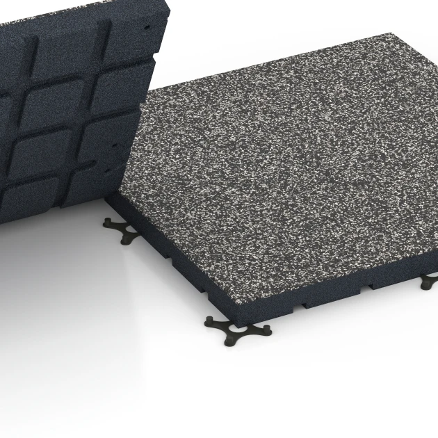 Großaufnahme vom Verbindungssystem von WARCO-Boden 7141 - Gumijasta podloga za zunanji fitnes im Farbdesign Temnosivi granit. Abmessungen 60 x 60 x 4 cm | 0,36 m².