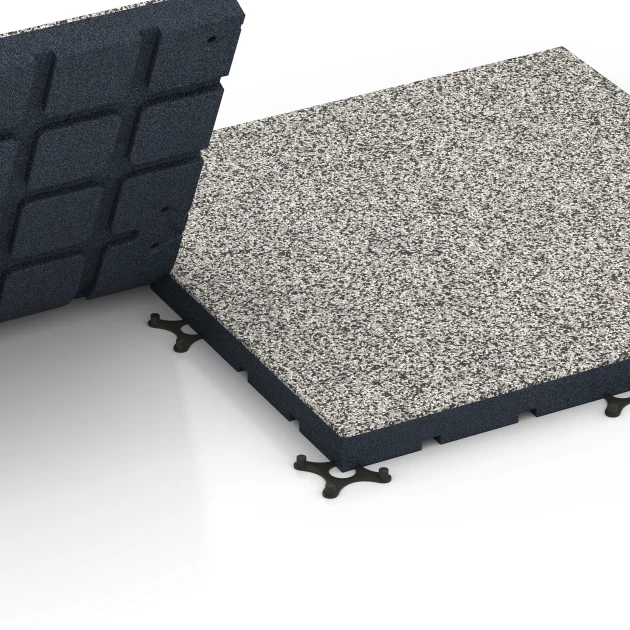 Großaufnahme vom Verbindungssystem von WARCO-Boden 7142 - Gumijasta podloga za zunanji fitnes im Farbdesign Sivi granit. Abmessungen 60 x 60 x 4 cm | 0,36 m².