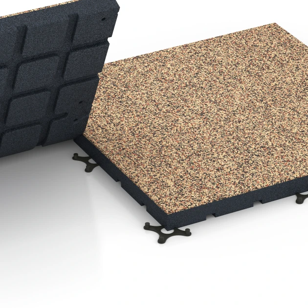 Großaufnahme vom Verbindungssystem von WARCO-Boden 7144 - Gumijasta podloga za zunanji fitnes im Farbdesign Terakota. Abmessungen 60 x 60 x 4 cm | 0,36 m².