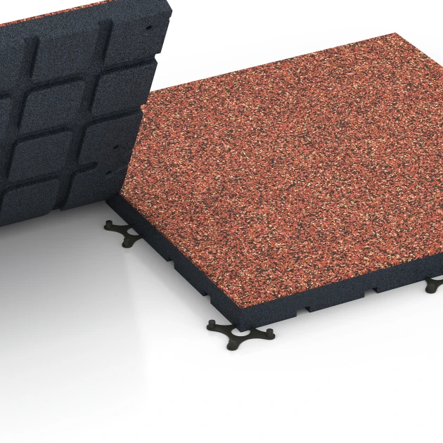 Großaufnahme vom Verbindungssystem von WARCO-Boden 7145 - Gumijasta podloga za zunanji fitnes im Farbdesign Etna. Abmessungen 60 x 60 x 4 cm | 0,36 m².