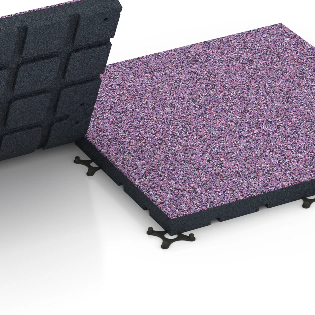 Großaufnahme vom Verbindungssystem von WARCO-Boden 7146 - Gumijasta podloga za zunanji fitnes im Farbdesign Lavanda. Abmessungen 60 x 60 x 4 cm | 0,36 m².
