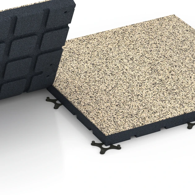 Großaufnahme vom Verbindungssystem von WARCO-Boden 7147 - Gumijasta podloga za zunanji fitnes im Farbdesign Travertin. Abmessungen 60 x 60 x 4 cm | 0,36 m².