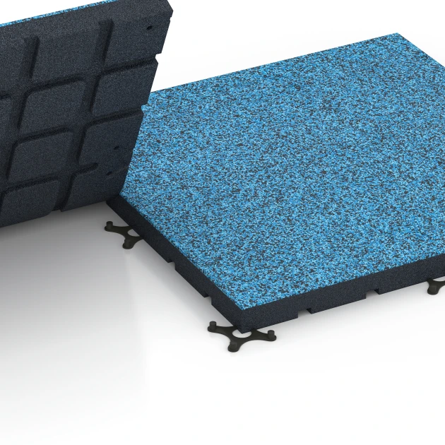 Großaufnahme vom Verbindungssystem von WARCO-Boden 7148 - Gumijasta podloga za zunanji fitnes im Farbdesign Atlantik. Abmessungen 60 x 60 x 4 cm | 0,36 m².