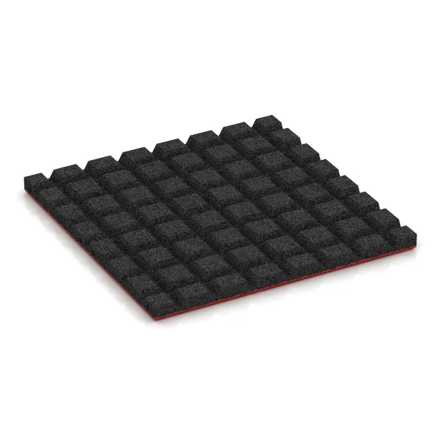 Aufsicht auf die Unterseite, also die Bodenseite von WARCO-Formteil 5474 - Varnostna gumijasta plošča za otroška igrišča 3 cm - EN 1177 ≤ 100 cm im Format 500 x 500 x 30 mm.