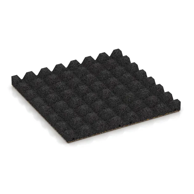 Aufsicht auf die Unterseite, also die Bodenseite von WARCO-Formteil 5555 - Varnostna gumijasta plošča za otroška igrišča 4,5 cm - EN 1177 ≤ 135 cm im Format 500 x 500 x 45 mm.