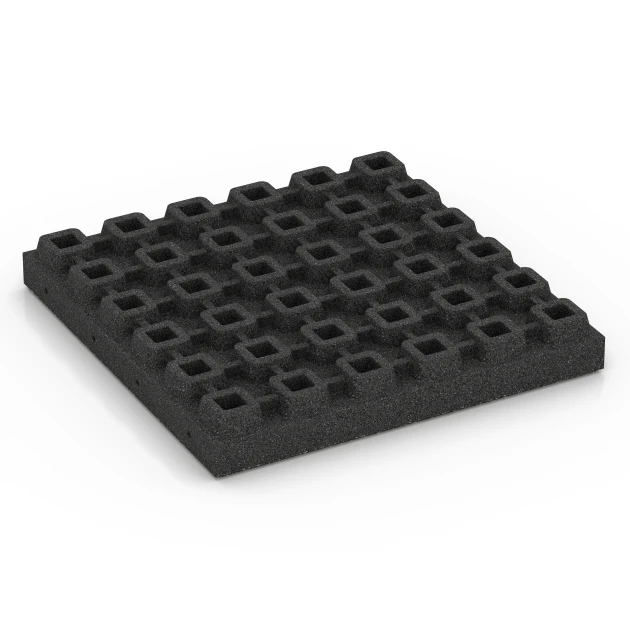 Aufsicht auf die Unterseite, also die Bodenseite von WARCO-Formteil 6440 - Gumijasta varnostna plošča – 210 cm im Format 50 x 50 x 7 cm.