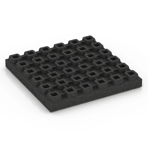 Aufsicht auf die Unterseite, also die Bodenseite von WARCO-Formteil 6441 - Gumijasta varnostna plošča – 210 cm im Format 50 x 50 x 7 cm.