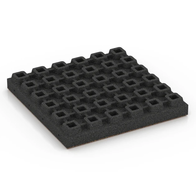 Aufsicht auf die Unterseite, also die Bodenseite von WARCO-Formteil 6443 - Gumijasta varnostna plošča – 210 cm im Format 50 x 50 x 7 cm.