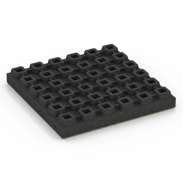 Aufsicht auf die Unterseite, also die Bodenseite von WARCO-Formteil 6446 - Gumijasta varnostna plošča – 210 cm im Format 50 x 50 x 7 cm.