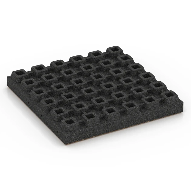 Aufsicht auf die Unterseite, also die Bodenseite von WARCO-Formteil 6448 - Gumijasta varnostna plošča – 210 cm im Format 50 x 50 x 7 cm.
