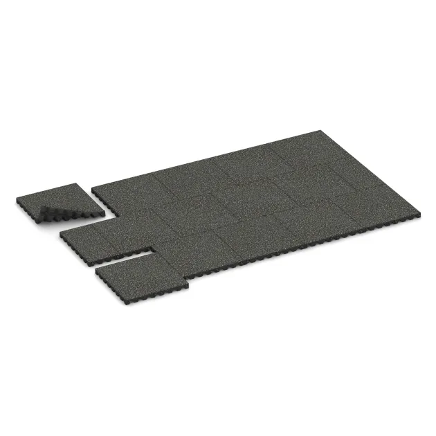 Typische Verlegung oder Einbausituation für den Artikel 5542 von WARCO - Varnostna gumijasta plošča za otroška igrišča 4,5 cm - EN 1177 ≤ 135 cm, Farbton Temno sivi granit in der Abmessung 500 x 500 x 45 mm.