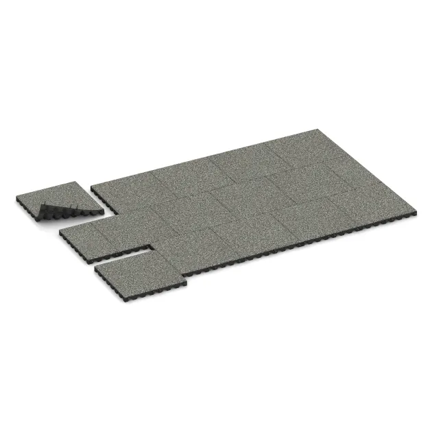 Typische Verlegung oder Einbausituation für den Artikel 5543 von WARCO - Varnostna gumijasta plošča za otroška igrišča 4,5 cm - EN 1177 ≤ 135 cm, Farbton Siv granit in der Abmessung 500 x 500 x 45 mm.