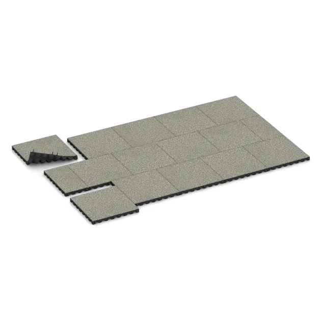 Typische Verlegung oder Einbausituation für den Artikel 5544 von WARCO - Varnostna gumijasta plošča za otroška igrišča 4,5 cm - EN 1177 ≤ 135 cm, Farbton Svetli granit in der Abmessung 500 x 500 x 45 mm.