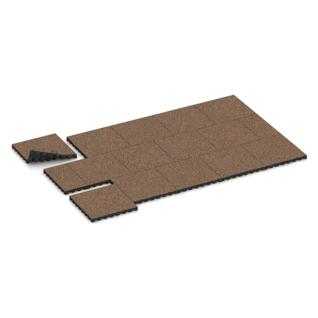 Typische Verlegung oder Einbausituation für den Artikel 5547 von WARCO - Varnostna gumijasta plošča za otroška igrišča 4,5 cm - EN 1177 ≤ 135 cm, Farbton Losa in Koren in der Abmessung 500 x 500 x 45 mm.