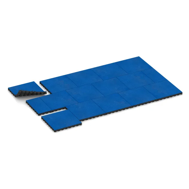Typische Verlegung oder Einbausituation für den Artikel 5530 von WARCO - Varnostna gumijasta plošča za otroška igrišča 4,5 cm - EN 1177 ≤ 135 cm, Farbton Chagall modra in der Abmessung 500 x 500 x 45 mm.