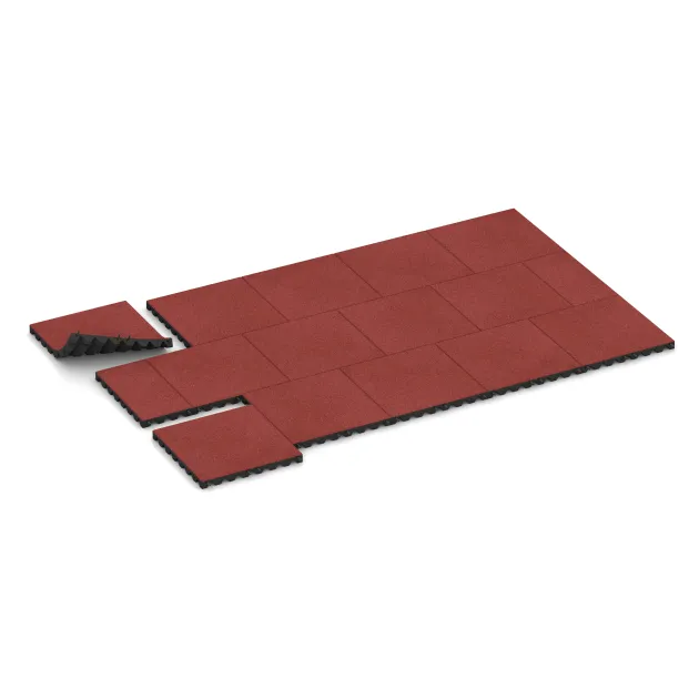 Typische Verlegung oder Einbausituation für den Artikel 0630 von WARCO - Gumijasta varovalna plošča za otroška igrišča, Farbton Koralen rdeča in der Abmessung 500 x 500 x 45 mm.