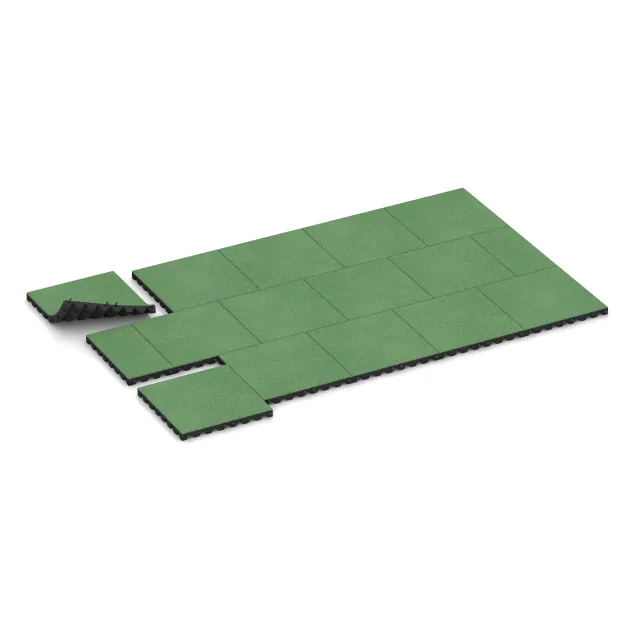 Typische Verlegung oder Einbausituation für den Artikel 5538 von WARCO - Varnostna gumijasta plošča za otroška igrišča 4,5 cm - EN 1177 ≤ 135 cm, Farbton Bledo zelena in der Abmessung 500 x 500 x 45 mm.