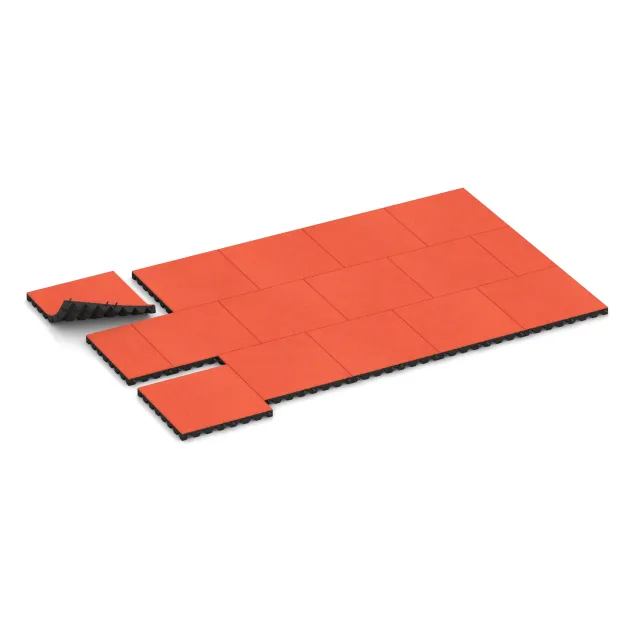 Typische Verlegung oder Einbausituation für den Artikel 0638 von WARCO - Gumijasta varovalna plošča za otroška igrišča, Farbton Svetlo rdeče-oranžna in der Abmessung 500 x 500 x 45 mm.