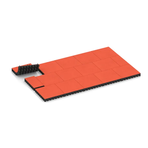 Typische Verlegung oder Einbausituation für den Artikel 5608 von WARCO - Varnostna gumijasta plošča za otroška igrišča 8 cm - EN 1177 ≤ 215 cm, Farbton Svetlo rdeče-oranžna in der Abmessung 500 x 500 x 80 mm.