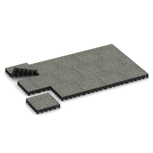 Typische Verlegung oder Einbausituation für den Artikel 5644 von WARCO - Varnostna gumijasta plošča za otroška igrišča 10 cm - EN 1177 ≤ 300 cm, Farbton Siv granit in der Abmessung 500 x 500 x 100 mm.